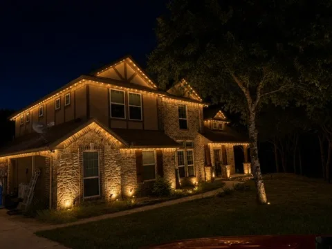 Two-story home at night with warm white permanent roofline lighting and warm landscape uplights