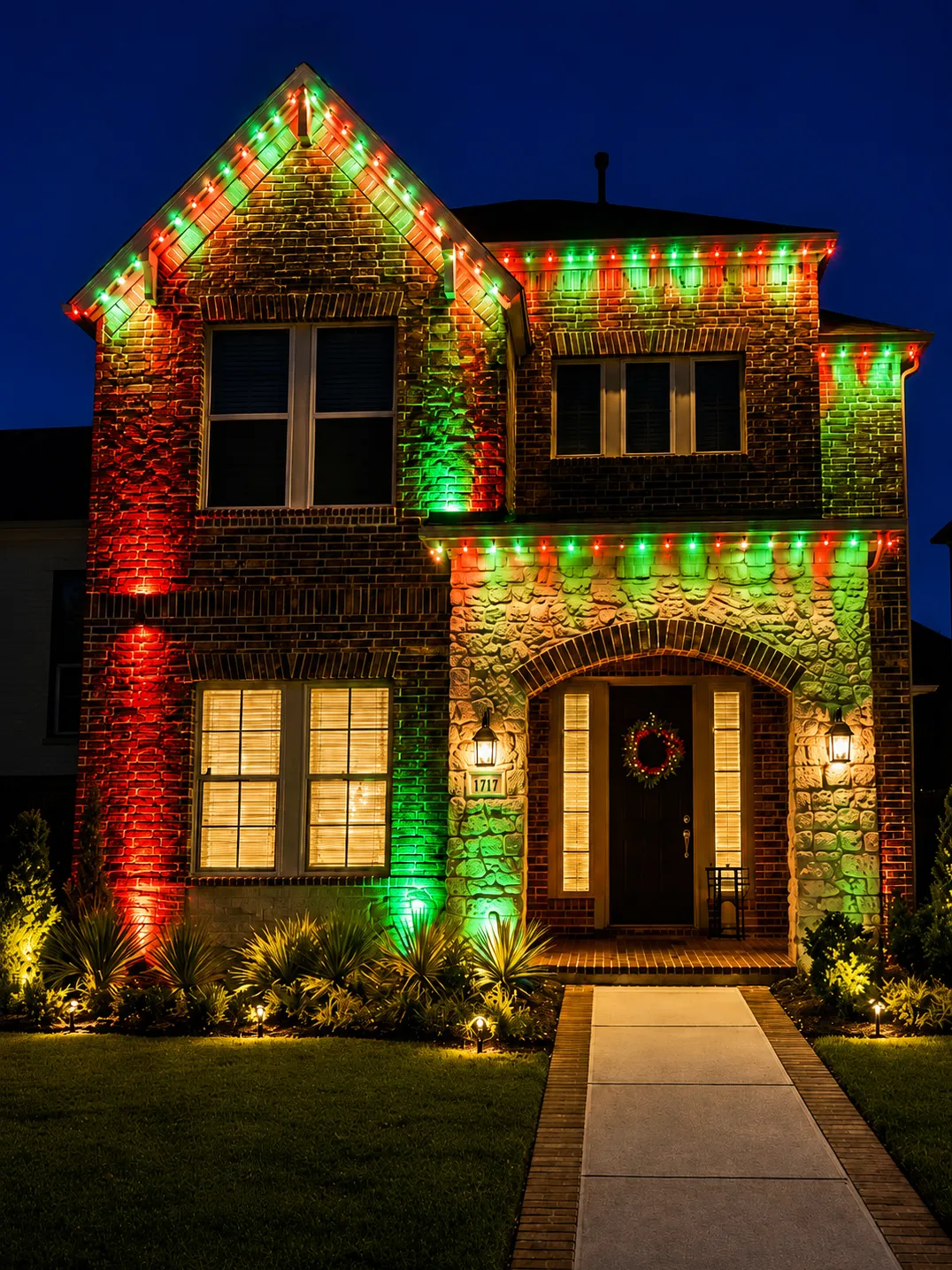 Brick and stone home at night with alternating red and green permanent lighting and a wreath on the door