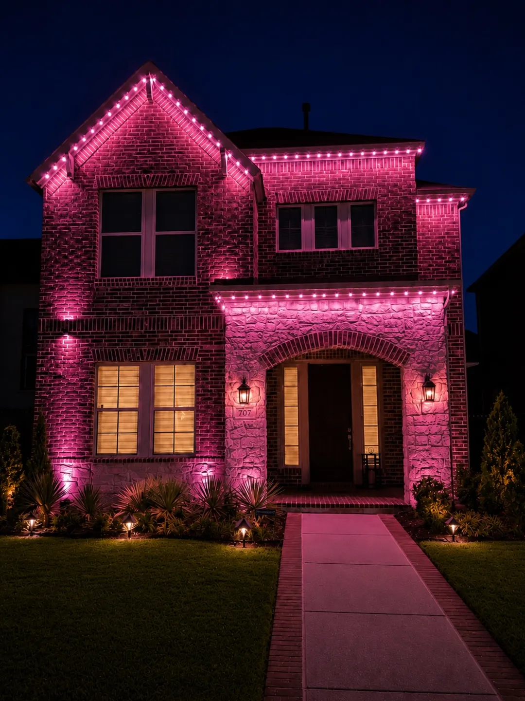 Brick and stone home at night lit in pink permanent lighting