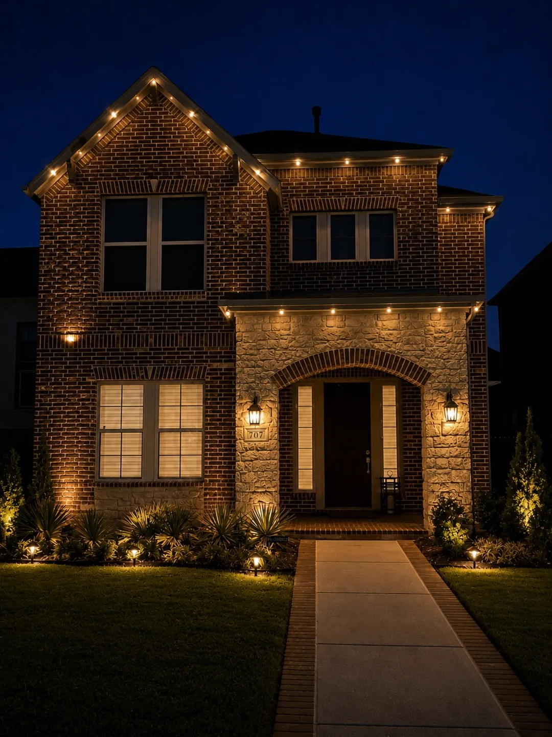 Brick and stone home at night with warm white lighting dimmed low over glowing landscape lights